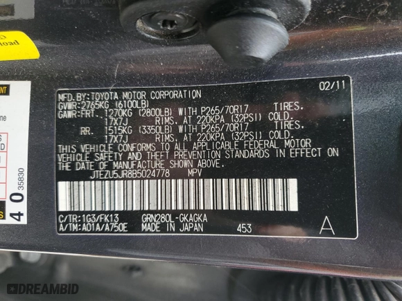 2011 Toyota 4Runner SR5 with VIN JTEZU5JR8B5024778, listed as a Copart auction lot 47294765 with 312,273 mi miles and Salvage Title. Bid and sale history available at carsss.com. Image 14.