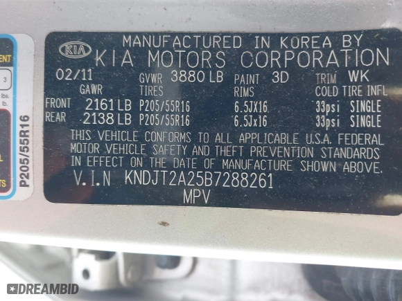 2011 Kia Soul ! with VIN KNDJT2A25B7288261, listed as a IAAI auction lot 41595542 with 132,754 mi miles. Bid and sale history available at carsss.com. Image 9.