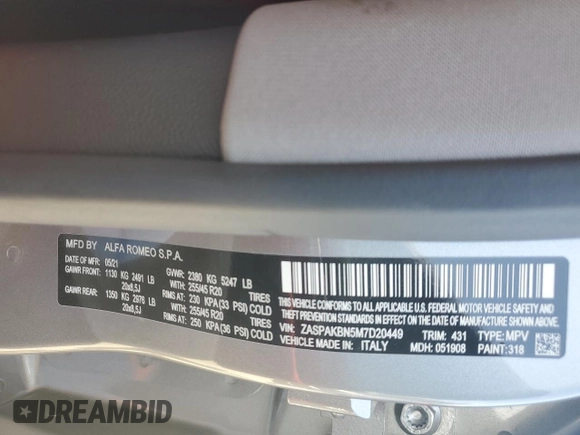2021 Alfa Romeo Stelvio Ti z VIN ZASPAKBN5M7D20449, wystawiony jako Copart lot #49804615 z przebiegiem 46 127 mil mil oraz Szkoda całkowita • Salvage title. Historia ofert i sprzedaży dostępna na DreamBid. Obrazek 13.