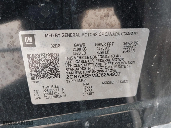 2018 Chevrolet Equinox LT with VIN 2GNAXSEV8J6288933, listed as a IAAI auction lot 41997182 with 184,511 mi miles. Bid and sale history available at carsss.com. Image 9.