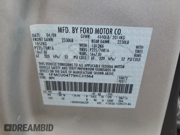 2009 Ford Escape Limited с VIN 1FMCU04779KC31564, выставлен на аукционе Copart как лот 55503635 с пробегом 106 445 миль миль и Чистый • Clean title. История ставок и продаж доступна на DreamBid. Изображение 14.