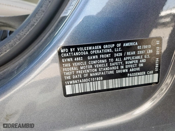 2013 Volkswagen Passat TDI SE w/Sunroof with VIN 1VWBN7A39DC101809, listed as a Copart auction lot 52762275 with 0 mi miles and Salvage Title. Bid and sale history available at carsss.com. Image 12.