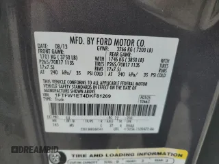 2013 Ford F-150 XL with VIN 1FTFW1ET4DKF81269, listed as a Copart auction lot 55813125 with 158,729 mi miles and Salvage title. Bid and sale history available at DreamBid. Image 12.