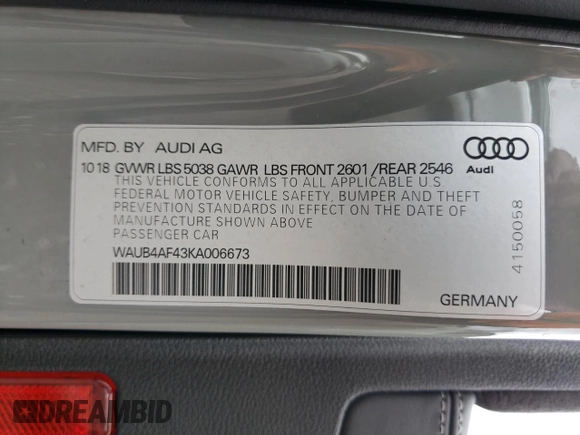 2019 Audi S4 Premium Plus with VIN WAUB4AF43KA006673, listed as a Copart auction lot 56815293 with 50,900 mi miles. Bid and sale history available at carsss.com. Image 13.