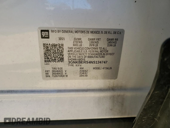 2022 Chevrolet Blazer RS with VIN 3GNKBERS4NS134747, listed as a Copart auction lot 88353445 with Not provided miles and Salvage title. Bid and sale history available at DreamBid. Image 12.