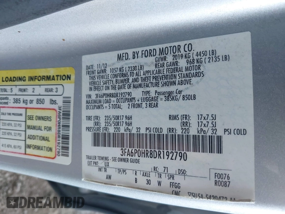 2013 Ford Fusion SE z VIN 3FA6P0HR8DR192790, wystawiony jako IAAI lot #42627429 z przebiegiem 158 365 mil mil oraz . Historia ofert i sprzedaży dostępna na DreamBid. Obrazek 9.