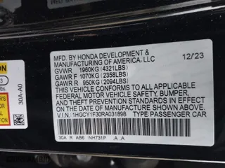 2024 Honda Accord Sedan EX with VIN 1HGCY1F30RA031898, listed as a IAAI auction lot 41059841 with 24,368 mi miles. Bid and sale history available at carsss.com. Image 9.