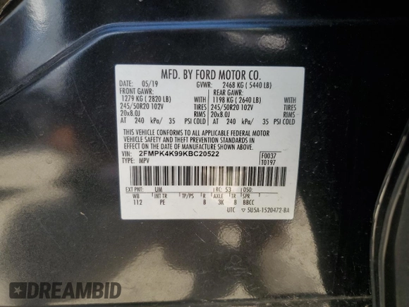 2019 Ford Edge Titanium with VIN 2FMPK4K99KBC20522, listed as a Copart auction lot 61953775 with 61,607 mi miles and Salvage title. Bid and sale history available at DreamBid. Image 13.