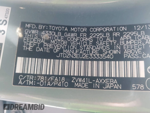 2014 Toyota Prius Two with VIN JTDZN3EU2E3333540, listed as a IAAI auction lot 41316701 with 33,465 mi miles and . Bid and sale history available at DreamBid. Image 9.