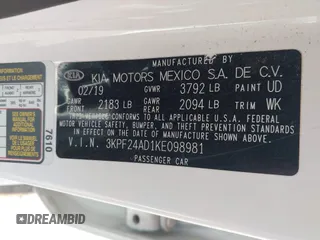 2019 Kia Forte LXS with VIN 3KPF24AD1KE098981, listed as a IAAI auction lot 41801267 with 53,055 mi miles. Bid and sale history available at carsss.com. Image 9.