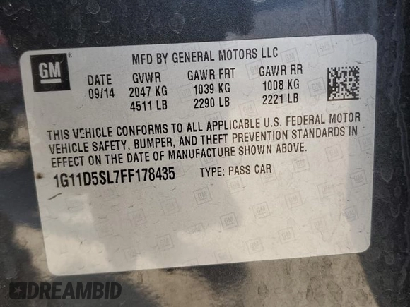 2015 Chevrolet Malibu LT with VIN 1G11D5SL7FF178435, listed as a Copart auction lot 51267975 with 72,238 mi miles and Salvage Title. Bid and sale history available at DreamBid. Image 12.