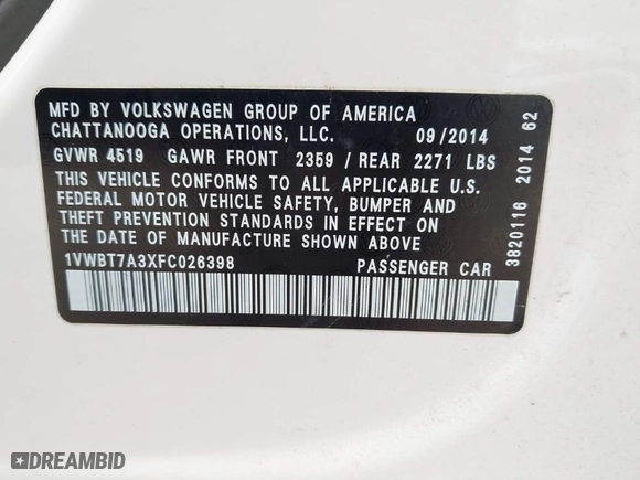 2015 Volkswagen Passat 1.8T SE w/Sunroof & Nav with VIN 1VWBT7A3XFC026398, listed as a IAAI auction lot 41683041 with 103,909 mi miles. Bid and sale history available at carsss.com. Image 9.
