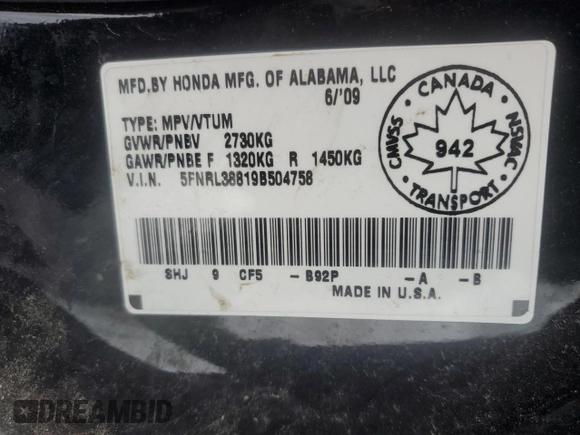 2009 Honda Odyssey Touring with VIN 5FNRL38819B504758, listed as a Copart auction lot 85096524 with Not Provided miles and Salvage Title. Bid and sale history available at carsss.com. Image 14.