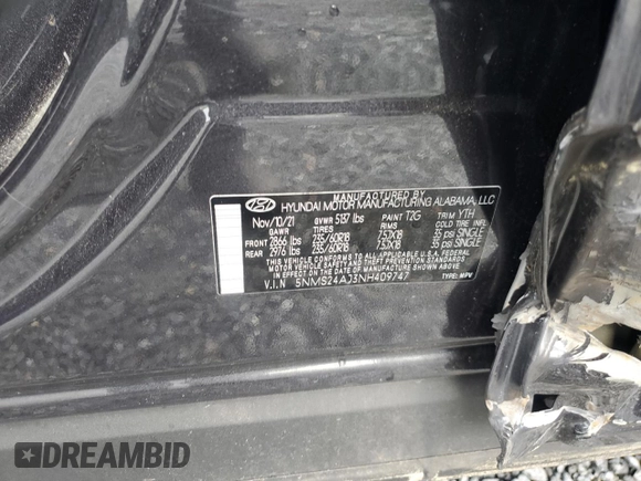 2022 Hyundai Santa Fe SEL with VIN 5NMS24AJ3NH409747, listed as a Copart auction lot 54400295 with 17,621 mi miles and Salvage Title. Bid and sale history available at DreamBid. Image 13.