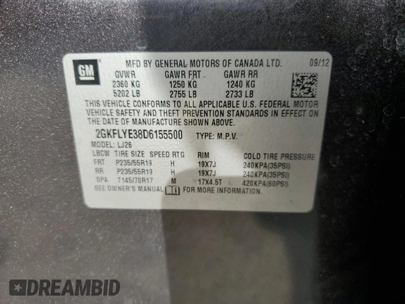 2013 GMC Terrain Denali with VIN 2GKFLYE38D6155500, listed as a Copart auction lot 47084335 with 99,643 mi miles and Salvage Title. Bid and sale history available at DreamBid. Image 16.