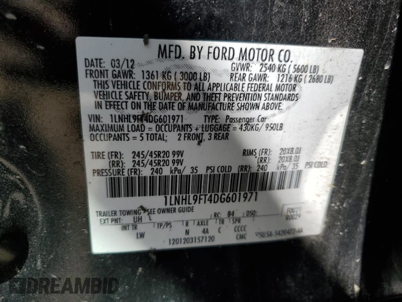 2013 Lincoln MKS EcoBoost with VIN 1LNHL9FT4DG601971, listed as a Copart auction lot 53109205 with 171,774 mi miles and Non Repairable. Bid and sale history available at DreamBid. Image 12.