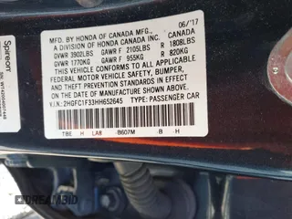 2017 Honda Civic EX-T with VIN 2HGFC1F33HH652645, listed as a IAAI auction lot 41441890 with Not Provided miles. Bid and sale history available at carsss.com. Image 9.