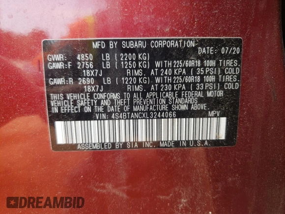 2020 Subaru Outback Limited z VIN 4S4BTANCXL3244066, wystawiony jako Copart lot #57295635 z przebiegiem 37 724 mil mil oraz Szkody całkowita. Historia ofert i sprzedaży dostępna na DreamBid. Obrazek 13.