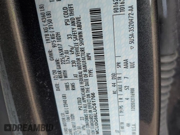 2020 Ford Escape SE with VIN 1FMCU0G66LUC61766, listed as a Copart auction lot 61370965 with 52,919 mi miles and Salvage title. Bid and sale history available at DreamBid. Image 13.