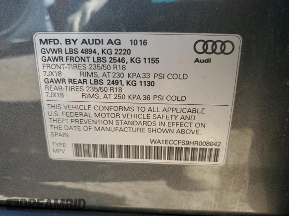 2017 Audi Q3 Premium with VIN WA1ECCFS9HR008042, listed as a Copart auction lot 63979995 with 45,208 mi miles and Clean title. Bid and sale history available at DreamBid. Image 13.