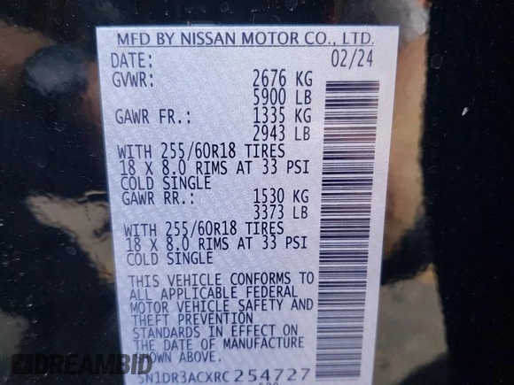 2024 Nissan Pathfinder S z VIN 5N1DR3ACXRC254727, wystawiony jako Copart lot #67361294 z przebiegiem 1 438 mil mil oraz Szkoda całkowita • Salvage title. Historia ofert i sprzedaży dostępna na DreamBid. Obrazek 14.