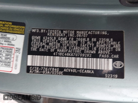 2007 Toyota Camry CE z VIN 4T1BE46K67U709282, wystawiony jako IAAI lot #42534594 z przebiegiem 156 794 mil mil oraz . Historia ofert i sprzedaży dostępna na DreamBid. Obrazek 9.