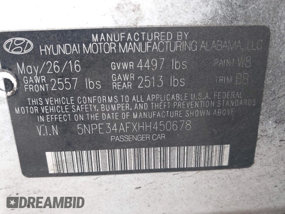 2017 Hyundai Sonata Sport with VIN 5NPE34AFXHH450678, listed as a IAAI auction lot 42078116 with 100,756 mi miles and . Bid and sale history available at DreamBid. Image 9.