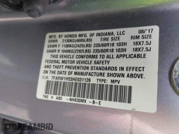 2017 Honda CR-V EX with VIN 7FARW1H53HE031126, listed as a IAAI auction lot 42018103 with 75,312 mi miles. Bid and sale history available at carsss.com. Image 9.