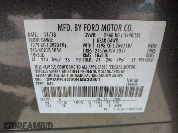 2019 Ford Edge SE с VIN 2FMPK4G90KBB30801, выставлен на аукционе IAAI как лот 42172324 с пробегом 55 607 миль миль и . История ставок и продаж доступна на DreamBid. Изображение 9.