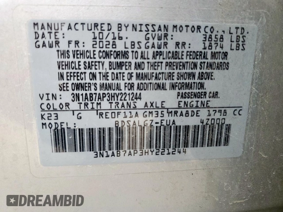 2017 Nissan Sentra S with VIN 3N1AB7AP3HY221244, listed as a Copart auction lot 62155795 with 166,926 mi miles and Salvage title. Bid and sale history available at DreamBid. Image 12.