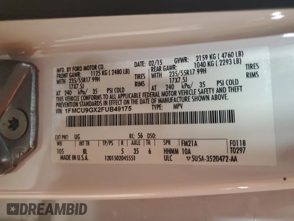 2015 Ford Escape SE with VIN 1FMCU9GX2FUB49175, listed as a Copart auction lot 54582125 with 90,544 mi miles and Salvage Title. Bid and sale history available at DreamBid. Image 13.