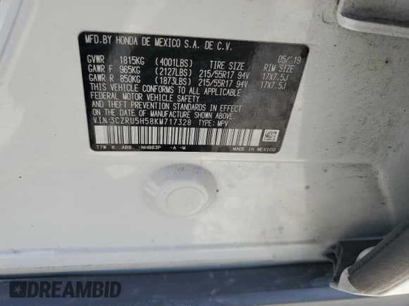 2019 Honda HR-V EX with VIN 3CZRU5H58KM717328, listed as a Copart auction lot 52239855 with 70,316 mi miles and Non Repairable. Bid and sale history available at carsss.com. Image 12.