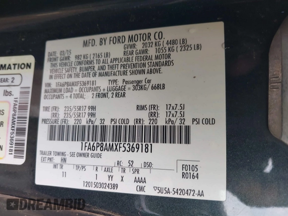 2015 Ford Mustang V6 with VIN 1FA6P8AMXF5369181, listed as a IAAI auction lot 42028414 with 88,344 mi miles and . Bid and sale history available at DreamBid. Image 9.