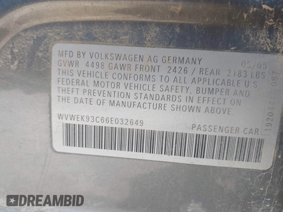 2006 Volkswagen Passat Lux z VIN WVWEK93C66E032649, wystawiony jako IAAI lot #42516172 z przebiegiem 215 070 mil mil oraz . Historia ofert i sprzedaży dostępna na DreamBid. Obrazek 9.