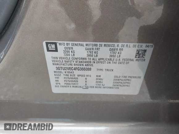 2015 GMC Sierra 1500 SLT with VIN 3GTU2VEC4FG366088, listed as a IAAI auction lot 41685051 with 111,768 mi miles and . Bid and sale history available at DreamBid. Image 9.