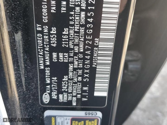 2014 Kia Optima EX with VIN 5XXGN4A72EG345121, listed as a Copart auction lot 45897715 with 0 mi miles and Salvage Title. Bid and sale history available at carsss.com. Image 15.