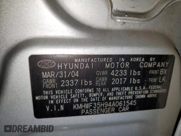 2004 Hyundai Sonata GLS with VIN KMHWF35H94A061545, listed as a Copart auction lot 45324734 with 185,877 mi miles and Salvage Title. Bid and sale history available at carsss.com. Image 14.