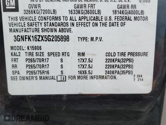 2005 Chevrolet Suburban LS with VIN 3GNFK16ZX5G205898, listed as a Copart auction lot 68094894 with 234,919 mi miles and Salvage Title. Bid and sale history available at carsss.com. Image 13.