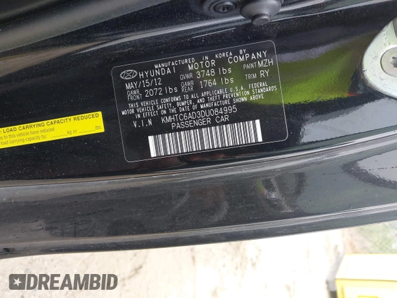 2013 Hyundai Veloster w/Black Int with VIN KMHTC6AD3DU084995, listed as a IAAI auction lot 42513920 with 103,595 mi miles and . Bid and sale history available at DreamBid. Image 9.