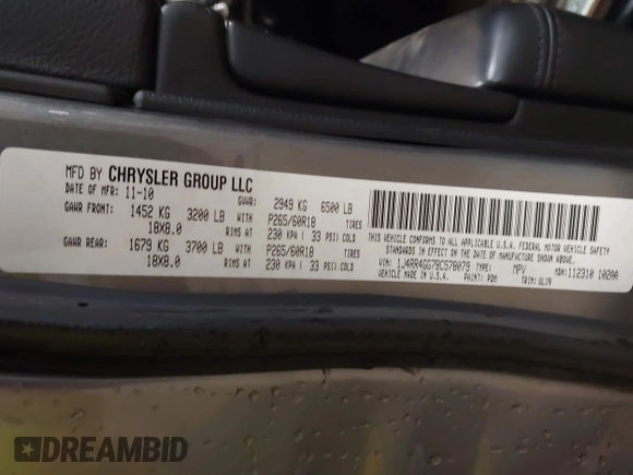 2011 Jeep Grand Cherokee Laredo with VIN 1J4RR4GG7BC578079, listed as a IAAI auction lot 42491750 with 197,581 mi miles and . Bid and sale history available at DreamBid. Image 9.