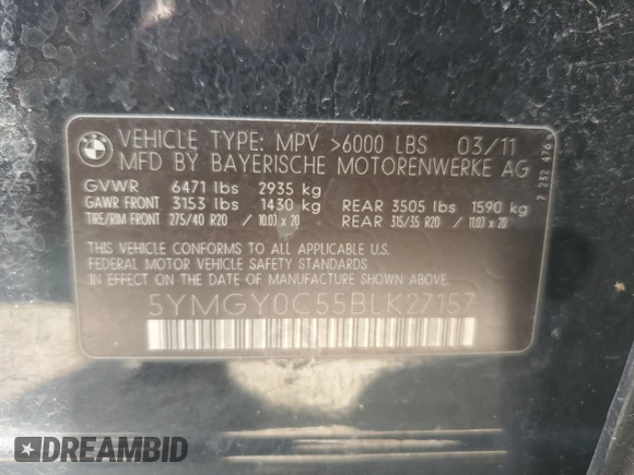 2011 BMW X5 M with VIN 5YMGY0C55BLK27157, listed as a Copart auction lot 65929154 with 0 mi miles and Salvage Title. Bid and sale history available at carsss.com. Image 13.