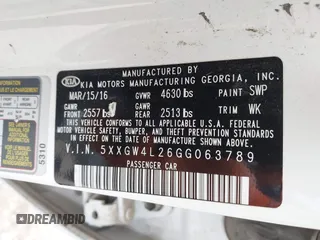 2016 Kia Optima SX Turbo with VIN 5XXGW4L26GG063789, listed as a IAAI auction lot 41513430 with 159,852 mi miles and . Bid and sale history available at carsss.com. Image 9.