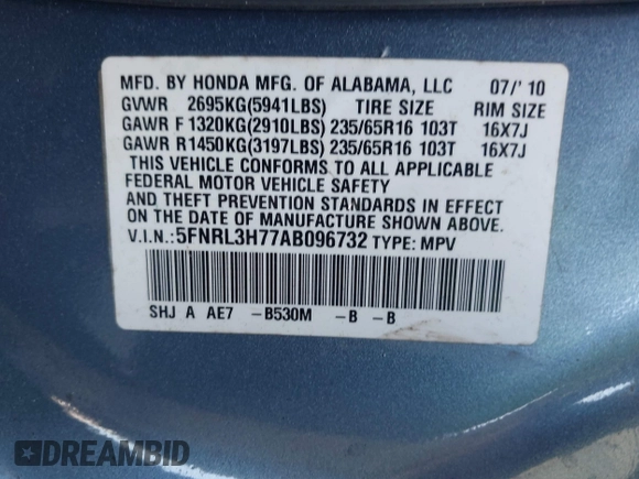 2010 Honda Odyssey EX-L with VIN 5FNRL3H77AB096732, listed as a IAAI auction lot 41831744 with 22,523 mi miles and . Bid and sale history available at DreamBid. Image 9.