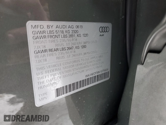 2019 Audi Q3 Premium with VIN WA1AECF38K1075626, listed as a Copart auction lot 38745543 with 72,261 mi miles. Bid and sale history available at carsss.com. Image 12.