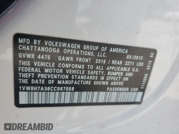 2012 Volkswagen Passat SE с VIN 1VWBH7A36CC067558, выставлен на аукционе Copart как лот 58307045 с пробегом 137 527 миль миль и Списание • Salvage title. История ставок и продаж доступна на DreamBid. Изображение 12.