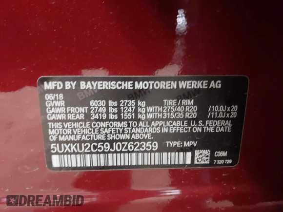 2018 BMW X6 xDrive35i z VIN 5UXKU2C59J0Z62359, wystawiony jako IAAI lot #41866547 z przebiegiem 57 544 mil mil oraz . Historia ofert i sprzedaży dostępna na DreamBid. Obrazek 9.