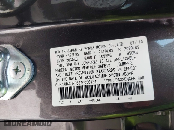 2010 Acura TSX with VIN JH4CU2F62AC036134, listed as a IAAI auction lot 42659083 with 85,129 mi miles and . Bid and sale history available at DreamBid. Image 9.