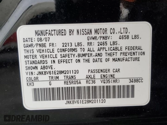 2008 Infiniti G35 with VIN JNKBV61E28M201120, listed as a Copart auction lot 84433804 with Not Provided miles and Salvage Title. Bid and sale history available at DreamBid. Image 12.