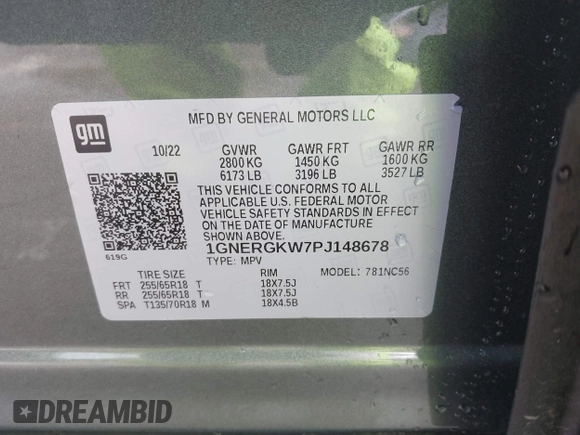 2023 Chevrolet Traverse LT Cloth с VIN 1GNERGKW7PJ148678, выставлен на аукционе IAAI как лот 42238514 с пробегом 21 789 миль миль и . История ставок и продаж доступна на DreamBid. Изображение 9.