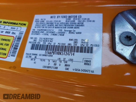 2019 Ford Mustang EcoBoost z VIN 1FA6P8TH8K5124714, wystawiony jako Copart lot #62078705 z przebiegiem 41 242 mil mil oraz Szkoda całkowita • Salvage title. Historia ofert i sprzedaży dostępna na DreamBid. Obrazek 12.